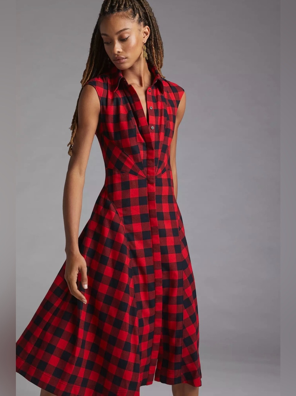 Anthropologie Maeve Red and Black Plaid Sleeveless Shirt Dress